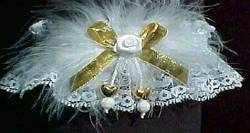 Gold Double Hearts Garters with Metallic Bow and Marabou Feathers on White Lace for Wedding Bridal or Prom.