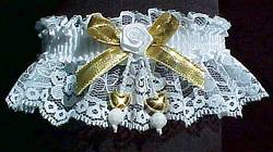 Gold Double Hearts Garters with Metallic Bow on White Lace for Wedding Bridal or Prom.