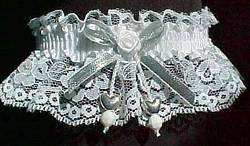 Silver Double Hearts Garters with Silver Metallic Bow on White Lace for Wedding Bridal or Prom.