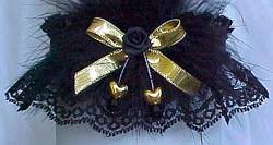 Black and Gold Garters with Gold Double Hearts Gold Metallic Bow with Marabou Feathers. Prom Garter - Wedding Garter - Bridal Garter