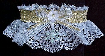 Snowflake Garter with Snowflake and Gold Metallic Fancy Bands on White Lace. Winter Wedding Garter. Winter Formal Garter. Winter Ball Garter. garders, garder
