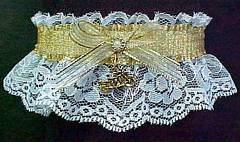 Metallic Gold and White Chain Mail Biker Bands Garter with a motorcycle charm. Motorcycle Garters. garder
